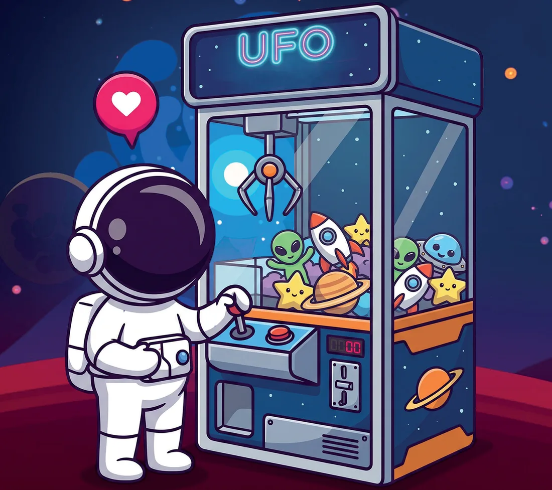 Astronauta de Kids Space jugando en una máquina de garra UFO